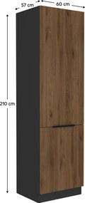Szekrény beépíthető hűtőhöz, okapi dió/fekete, MENZO 60 LO-210 2F