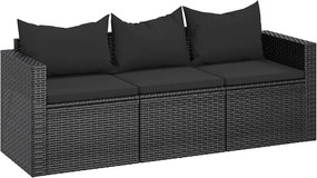 vidaXL fekete 3 személyes polyrattan kerti kanapé párnákkal