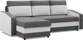 Hewlet sarokkanapé, 2 ágyneműtartóval, szövet anyag, univerzális oldal, hab töltet, szürke - fehér