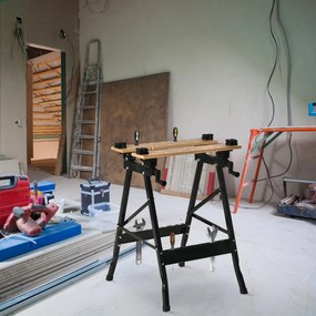 HOMCOM Összecsukható Mobil Munkapad Állítható Bambusz és Acél Lemezekkel 150 kg Kapacitással 63.5x60.5x78 cm Természetes Fa és Fekete | Aosom