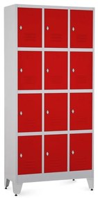 Fém szekrény - 12 doboz, 90 x 40 x 196,5 cm, helyreigazítással, lakathoz zár, piros - ral 3000