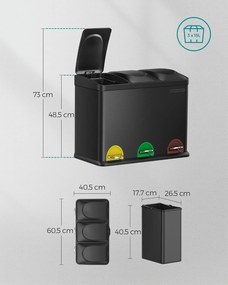 SONGMICS 3 rekeszes pedálos szelektív szemetes, 45 L (3 x 15 L), tintafekete