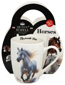 Fehér porcelán bögre 350 ml díszcsomagolásban lovas mintával.