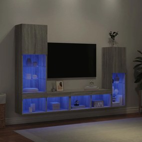 4 darab szürke sonoma színű szerelt fa fali TV-bútor LED-del