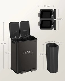 SONGMICS szelektív konyhai szemetes, 2 x 30 L, lágy záródás, palaszürke