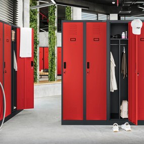 Pléh öltözőszekrény talpazaton, kétmodulos, polccal és köztes fallal KACPER, 800 x 1800 x 500 mm, antracit-piros