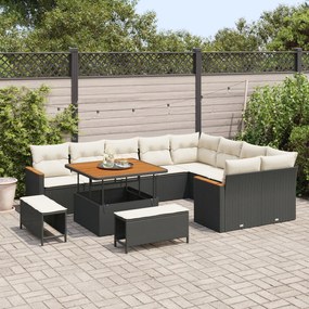 12 darabos Kerti Kanapé Szett Párnákkal Fekete Mű Rattan Akác, 3 darabos Kerti Étkező Szett Párnákkal Fekete Mű Rattan Akác