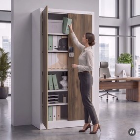 Fém irodai szekrény kódzárral, fehér, dió, 900x1850x400 mm: DANIEL Eco Design