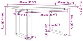 tömör fenyőfa és öntöttvas dohányzóasztal O-vázzal 80x50x40 cm