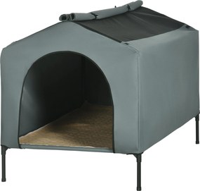 PawHut Kutya Ház Kültéri Borítással 130x85x95 cm Emelt Kutyafekhely Párnával és Felguruló Légáteresztő Ablakokkal Nagy Kutyák számára Szürke | Aosom
