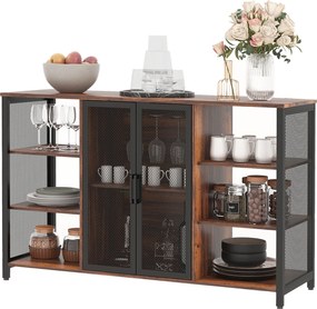 HOMCOM Ipari Konyhai Oldalszekrény Buffet Szekrény 6 Nyitott Polccal, Pohártartóval és Állítható Polccal Étkezőhöz Bárhoz 120x40x76 cm Rusztikus Barna