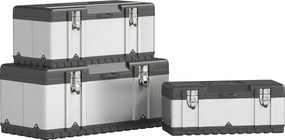 HOMCOM 3 részes szerszámtároló szett üres szerszámdoboz, levehető tálcával, fogantyúkkal és zárakkal, rozsdamentes acél szerszámdoboz, Fekete+Ezüst |