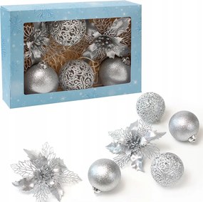 Ezüst karácsonyfadíszek Bombák szett Karácsonyi gömb virág