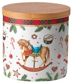 Karácsonyi hintalovas porcelán konyhai tároló bambusz szilikon zárógyűrűvel Christmas Toys kicsi