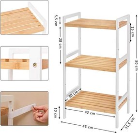 3 szintes bambusz tároló állvány, 45 x 31,5 x 80 cm, natúr és fehér