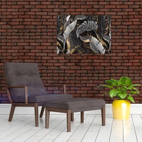 Kép - Trópusi levelek fekete és arany színben (üvegen) (70x50 cm)
