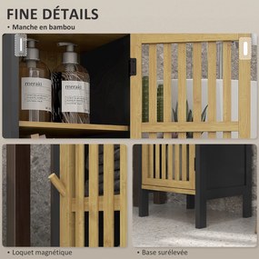 HOMCOM Alacsony Bambusz Fürdőszekrény 1-ajtós Szekrénnyel és Nyitott Félhellyel 32 x 30 x 90,5 cm, Fekete és Fa | Aosom