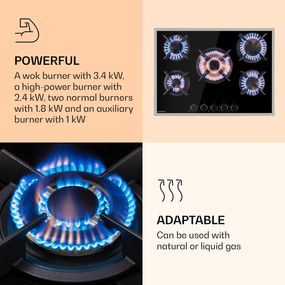 Klarstein Goldflame 5 Prime, gázfőzőlap, 5 Messing égő, üvegkerámia