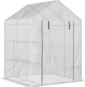 Outsunny Zöldház Walk-in Zöldház 4 Polccal Paradicsom Zöldház Cipzáras Ajtókkal Fehér Acél PE Műanyag 143 x 143 x 195 cm | Aosom