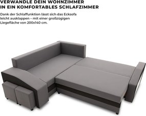 Grande sarokkanapé polcokkal és puffokkal , polc a jobb karfaban puffok a bal karfaban, baloldali, szövet anyag, hab töltet, szürke - fekete