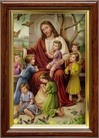 Vászonkép 18x13 Jézus Krisztus A Gyerekekkel Barna Arany Díszített Fa Keret