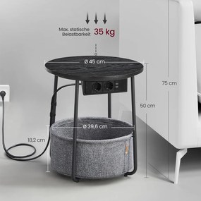 Kerek dohányzóasztal usb töltő porttal, kis asztal aljzattal, ébenfekete-palaszürke