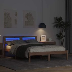 Ágykeret LED -es lámpákkal Barna 140 x 190 cm Tömör fenyőfa
