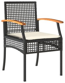 vidaXL 3 részes fekete polyrattan és akácfa bisztrószett párnákkal