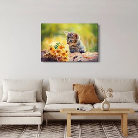 Macska képe ahogy a virágot nézi (90x60 cm)
