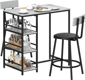 HOMCOM Magas Bárasztal Szett 2 Bárszékkel - Magas Konyhai Asztal Oldalsó Polcokkal, Párnázott Üléssel és Lábpihenővel Szürke Színben | Aosom