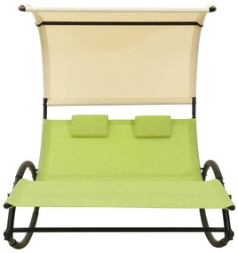 Zöld és krémszínű kétszemélyes textilén napozóágy napellenzővel