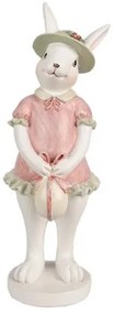 Fehér nyuszilány rózsaszín ruhában, kalapban, masnis tojással, 9x9x26cm, húsvéti dekorfigura