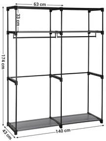 Mobil szövet ruhásszekrény akasztókkal 140 x 43 x 174 cm, fekete