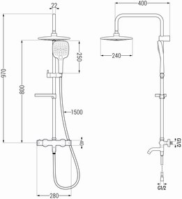 Mexen KX17 zuhanygarnitúra felső fejjel 25 cm, Kai termosztatikus kádcsapteleppel, króm-fehér, 779001791-02