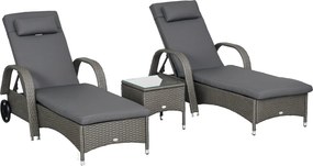 Outsunny Napozóágy Szett 3 Darabos Kerti Bútor, Polyrattan+Fém Szürke+Sötét Szürke | Aosom