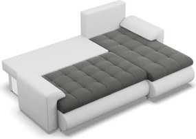 Tokio sarokkanapé, 2 ágyneműtartóval, bársony + műbőr, jobboldali, szürke - fehér