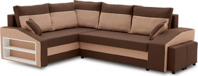 Grande sarokkanapé polcokkal és puffokkal , polc a bal karfaban puffok a jobb karfaban, baloldali, szövet anyag, bonell töltet, barna