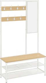 Kabáttartó állvány cipőtárolóval, előszobafal tükörrel és cipőspolcokkal 35x98x180 cm, tölgy színű és fehér