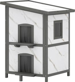 PawHut kétszintes szigetelt kültéri fa macskaház ablakkal és több bejárattal, vízálló tetővel — 60 x 60 x 88 cm, fehér | Aosom