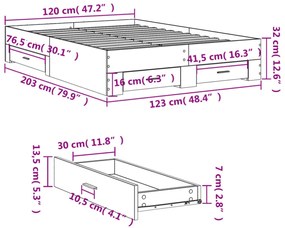 betonszürke szerelt fa ágykeret fiókokkal 120 x 200 cm
