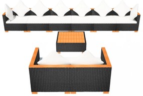 9-részes fekete polyrattan kerti bútorszett párnákkal