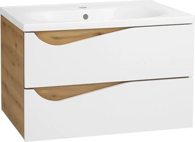 Piramida EURIDIKA fali fürdőszobabútor - műmárvány mosdóval -2 fiókos - ALPINFEHÉR-TÖLGY - 75 x 48 x 55 cm