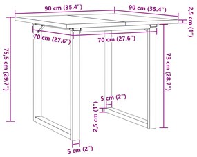 tömör fenyőfa és öntöttvas étkezőasztal O-vázzal 90x90x75,5 cm