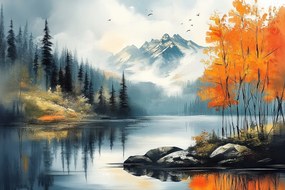 Vászonkép Canvas Tájkép Kanada Hegyek Erdő Tó Fjord Ősz 120x80