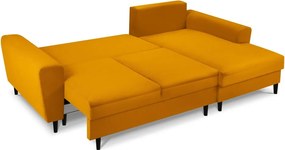 Mustársárga kordbársony kinyitható tárolóhelyes sarokkanapé (jobb oldali-heverő résszel) Kyoto – Cosmopolitan Design