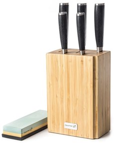 G21 Damascus Premium késkészlet bambusz blokkban, doboz, 5 db + köszörűkő