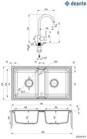 Deante Zorba, gránit mosogató 780x435x180 mm B / O + helytakarékos szifon, 2 kamrás + Nemezja csaptelep, grafit, ZQZA2203