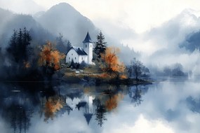 Vászonkép Canvas Tájkép Hegyek Tó Templom Ősz Erdő Köd 120x80