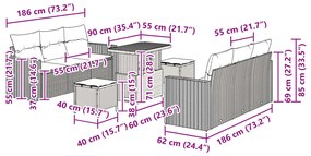 9 Pcs Kertibútor Szett Párnákkal Szürke Poli Rattan Akác, 3 Pcs Kert Étkező Szett Párnákkal Szürke Poli Rattan Akác