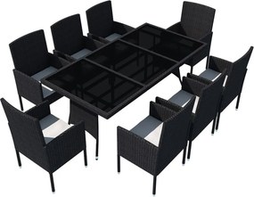 vidaXL 9-részes fekete polyrattan kültéri étkezőszett párnákkal